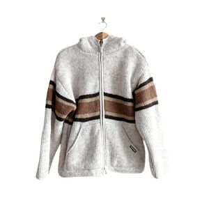 RARE Laundromat Men Full Zip Wool Knit Hooded Jacket Off-White Brown Size Medium